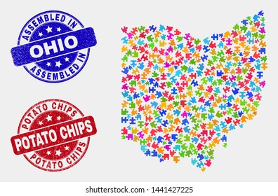 Element Ohio State map and blue Assembled seal stamp, and Potato Chips scratched seal stamp. Colored vector Ohio State map mosaic of plugin bricks. Red round Potato Chips imprint.