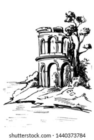 Element with old architecture with landscape views in toile de jouy style, black and white