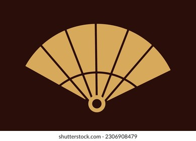 Element in oriental japanese style. Aesthetic golden sticker with traditional Asian fan. Chinese geisha accessory. Cartoon hand drawn vector illustration isolated on dark background