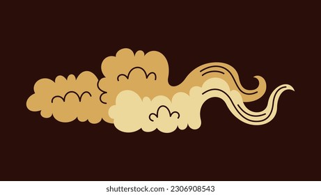 Element in oriental japanese style. Poster with night sky and golden curved clouds. Decorative design for logo. Asian sticker. Cartoon hand drawn vector illustration isolated on dark background