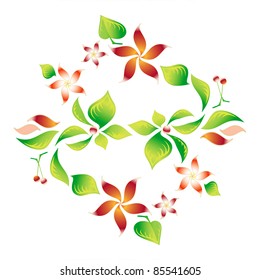 Element of an ornament with foliage, red flowers and cherry 8