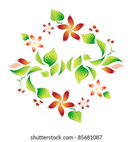 Element of an ornament with foliage, red flowers and cherry 6