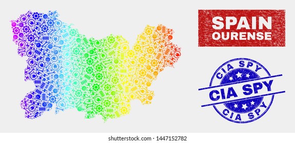 Element Ourense Province map and blue CIA Spy scratched seal stamp. Colorful gradiented vector Ourense Province map mosaic of machinery. Blue round CIA Spy seal.