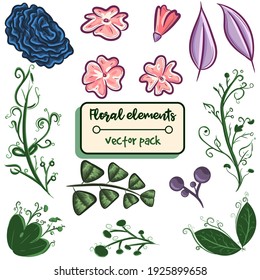 Element pack with floral objects. Vector set with isolated flowers, leaves and branches. Pink and green herbs and plants for spring and summer events.