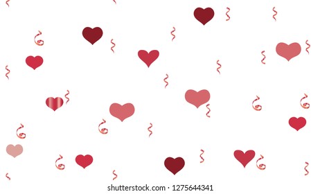 Element of packaging, textiles, wallpaper, banner, printing. Vector Seamless Pattern on a White Background. Stylish Pattern of Hearts and Serpentine. Flying Red confetti.