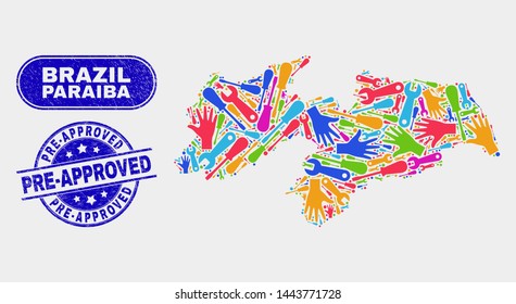 Element Paraiba State map and blue Pre-Approved distress seal stamp. Colored vector Paraiba State map mosaic of service parts. Blue round Pre-Approved seal.