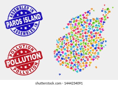 Element Paros Island map and blue Assembled seal stamp, and Pollution grunge stamp. Colorful vector Paros Island map mosaic of plugin. Red rounded Pollution seal.