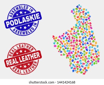 Element Podlaskie Voivodeship map and blue Assembled seal stamp, and Real Leather grunge stamp. Colorful vector Podlaskie Voivodeship map mosaic of plug-in connectors. Red rounded Real Leather seal.