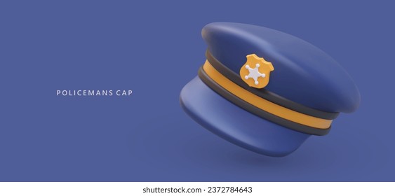 Elemento del disfraz de policía en forma. Afiche con sombrero de policía de estilo realista. El concepto de justicia y derecho. Ilustración vectorial en estilo 3d en colores azules