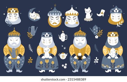 Element portrait face people father mother moon fairytale ethnic history tatar ornament muslim arabic night illustration grey beige white muslim ornament logo drawing decor boy girl woman man national
