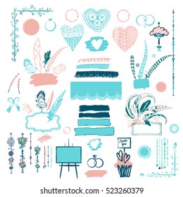 Element of poster, banner for concept invitation to holiday happy valentine day. Set of hand drawn image of wedding, valentine accessories. Illustration for gift postcard with heart, ring and feather.