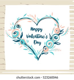 Element of poster, banner, logo for concept invitation. Floral vector logo with image of heart, leaf, flower and text happy valentine day. Illustration for gift postcard.
