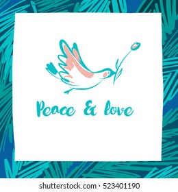 Element of poster, banner, logo for concept invitation. Template vector logo with image of hand drawn flower, bird and text peace and love. Illustration for wedding and gift postcard.