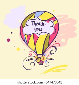 Element of poster, banner, logo for concept invitation, postcard. Image of vector color balloon with flower and text thank you. Illustration for happy valentine day.