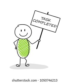 Element for presentation. Stickmen holding a banner with text: task completed. Vector.