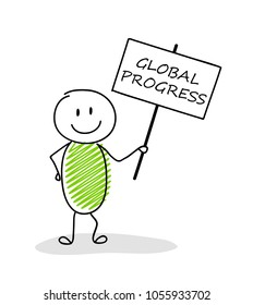 Element for presentation. Stickmen holding a banner with text: global progress. Vector.