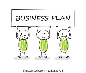 Element for presentation. Stickmen holding a banner with text: business plan. Vector.