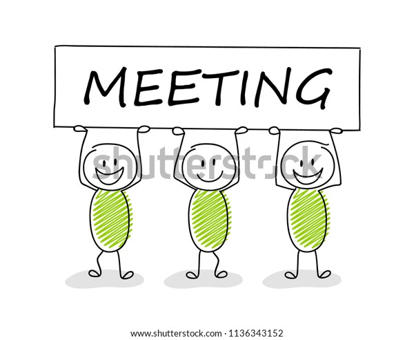 Element for presentation. Stickmen holding a banner with text: meeting. Vector.