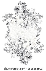 Element for the print of bouquet flowers like peony and field flowers on white background in circle, flower frame with outline light flowers inside it.