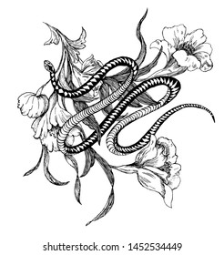 Element, print, sketch with black and white flowers and black and white snake