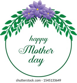Element purple wreath frame and bright green leaves, for greeting card happy mother day. Vector