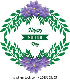 Element purple wreath frame and bright green leaves, for greeting card happy mother day. Vector