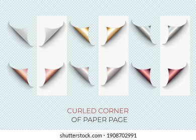 Element of Rolled  sheet of paper. Realistic  paper corners set with  shadow on transparent background. 3D white, gold and silver page corner curled. 