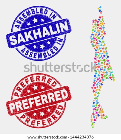 Element Sakhalin Island map and blue Assembled stamp, and Preferred distress stamp. Colorful vector Sakhalin Island map mosaic of plug-in items. Red round Preferred stamp.