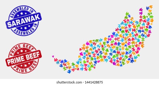 Element Sarawak State map and blue Assembled seal stamp, and Prime Beef grunge seal. Bright vector Sarawak State map mosaic of bundle elements. Red rounded Prime Beef seal.