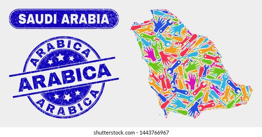 Element Saudi Arabia map and blue Arabica scratched seal stamp. Colored vector Saudi Arabia map mosaic of machinery. Blue round Arabica stamp.