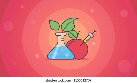 Element of science and technology.Experiment on plants and fruits.Modern vector illustration for banners, app and posts.