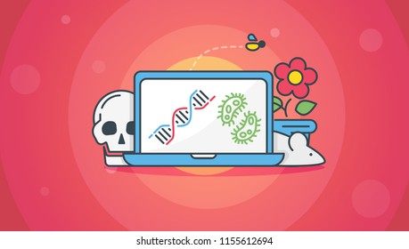Element of science and technology.Showing the experiment results on a laptop.Modern vector illustration for banners, app and posts.