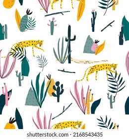 Element of seamless pattern with leopard, plants, jungle leaves, snags. Vector illustration