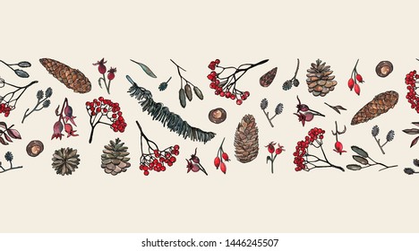Element of seamless pattern. Pen sketch with watercolor style background . Nature elements : Leaves, ash branches, pine cone, rose hips. Vector illustration