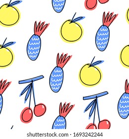 Element of seamless pattern. Simplified fruits with marker pen outlines on white background. Vector illustration