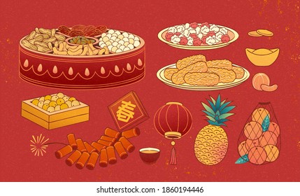 Element set of Chinese new year food isolated on red background in hand drawn design, including mix dried nuts, fruit, and firecrackers, Text: Spring