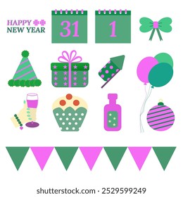 Element set Happy New Year ,green and pulple