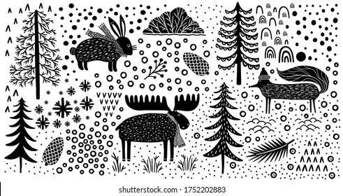 Element set nature forest wildlife Canada.Animal fox,hare,elk.Season winter park.Vector illustration.