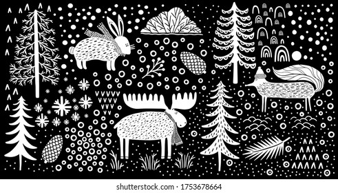 Element set nature forest wildlife Canada.Animal fox,hare,elk.Season winter park.Vector illustration.