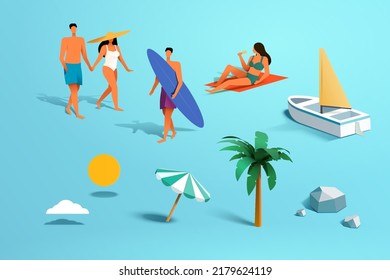 Element set of summer beach illustrations, including walking couple, man carrying surfboard, sunbathing woman, sailboat, cloud, sun, parasol, palm tree, and rocks with blue background