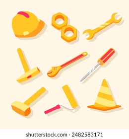 element set vector illustration, helmet, bolt, screwdriver, hammer and other tools to celebrate Labor Day