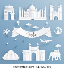 Element set of world famous landmarks of India, all in paper cut style beautiful vector illustration. 