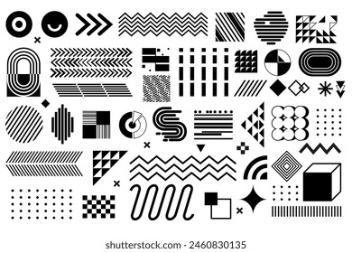 Diseño de forma de elemento. Elementos negros aislados abstractos geométricos, línea gráfica estilo Memphis, fondo moderno, geometría de flecha. Anuncio de decoración de moda, puntitos y cuadrícula. Vector ilustración mínima