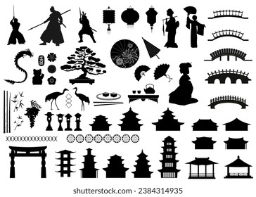 Element silhouettes of japanese and asian culture, architecture, people, objects. Vector illustration. 