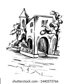 Element, sketch with old house and tree near the lake in toile de jouy style, black and white