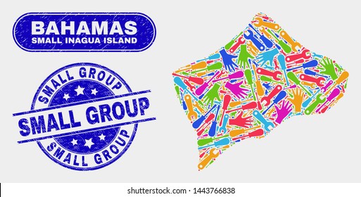 Element Small Inagua Island map and blue Small Group distress seal. Colorful vector Small Inagua Island map mosaic of workshop parts. Blue round Small Group seal.