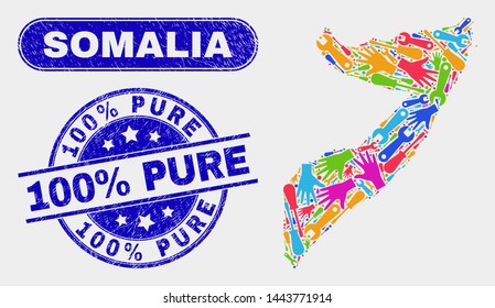Element Somalia map and blue 100% Pure textured seal stamp. Colorful vector Somalia map mosaic of industrial parts. Blue round 100% Pure stamp.