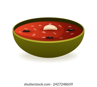 Elemento de la cocina española. Esta imagen combina con maestría elementos de diseño intrincados y colores vibrantes para representar un reconfortante tazón de sopa de tomate en un estilo de dibujos animados juguetón. Ilustración vectorial.