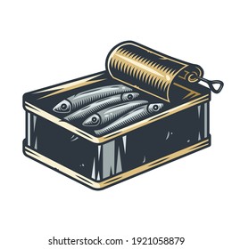 Element of a sprat or tuna fish in tin can for camping and travel. Colored vector Illustration for traveler and tourist. Outdoor adventure equipment