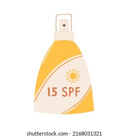Pantalla solar con elemento spray con SPF 15 aislado sobre fondo blanco. cosmética de verano dibujada a mano en estilo plano. Ilustración de productos de radiación ultravioleta para el cuidado de la piel. Vector
